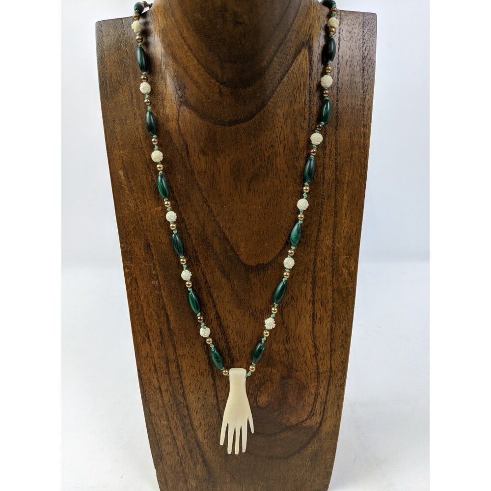 Vintage Mexican Folk Necklace Carved Hand Pendant w/ Malachite & Beads - Picture 2 of 12